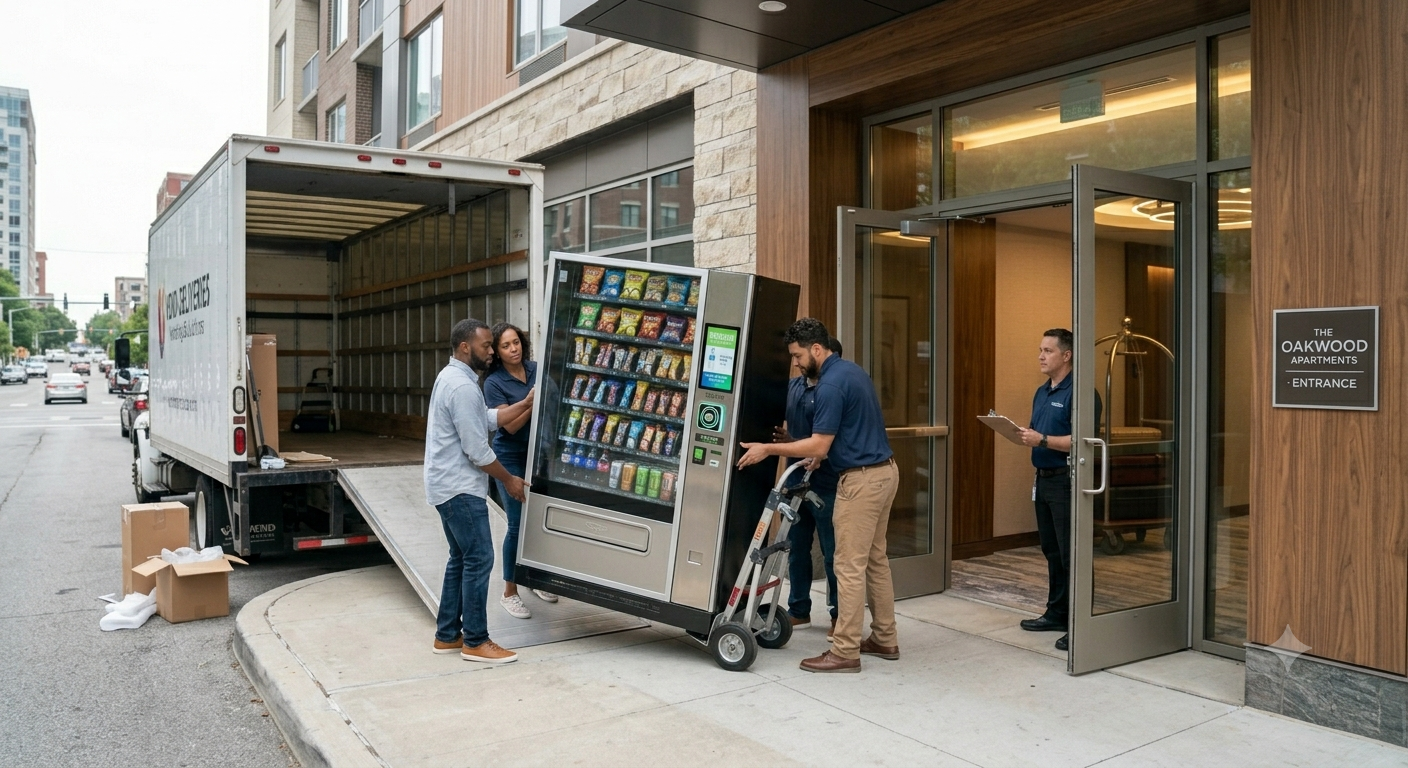 Legacy Lane Vending team delivering and installing a vending machine at The Oakwood Apartments