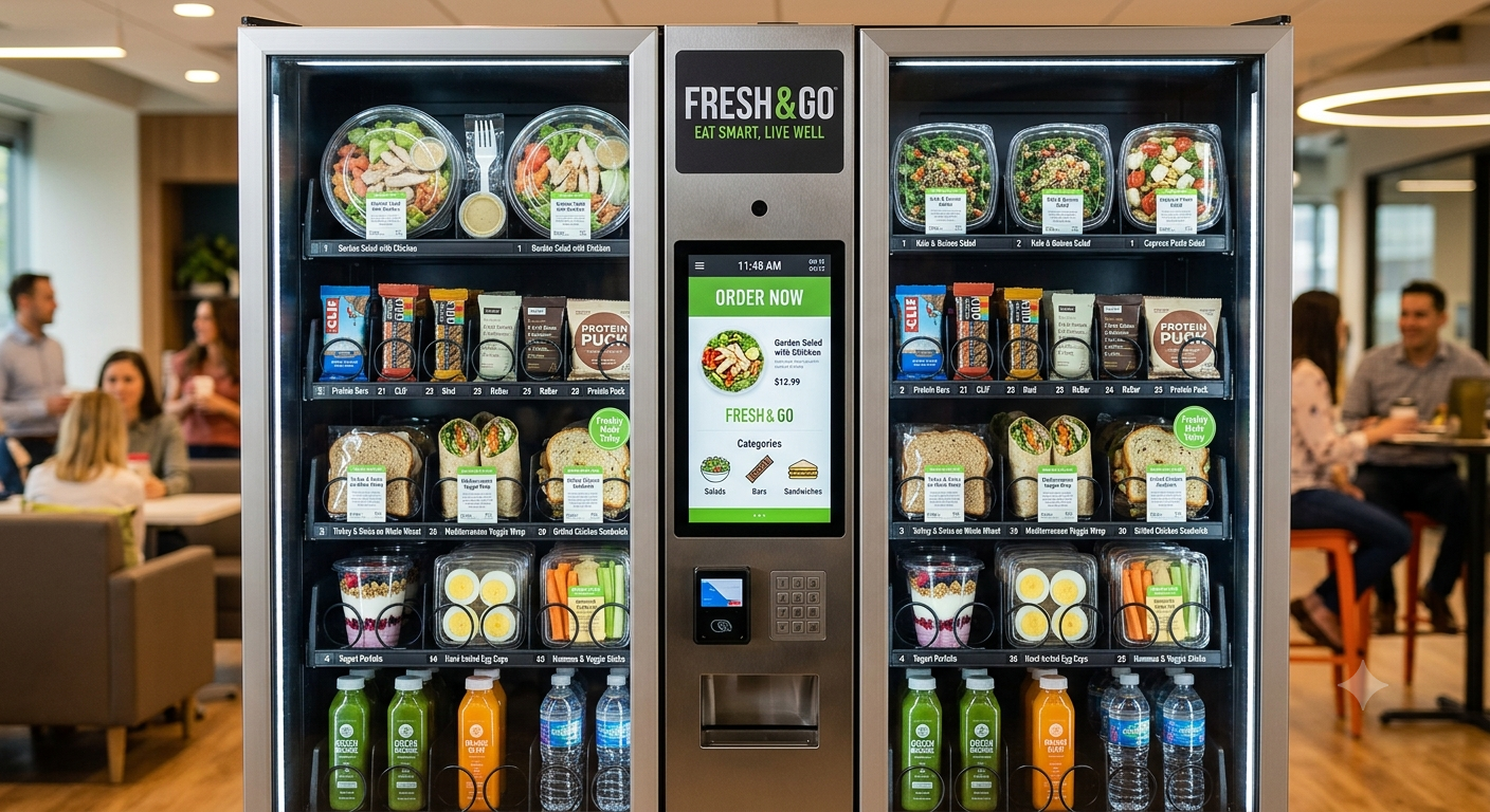 Modern smart fridge vending machine stocked with fresh salads, sandwiches, and snacks