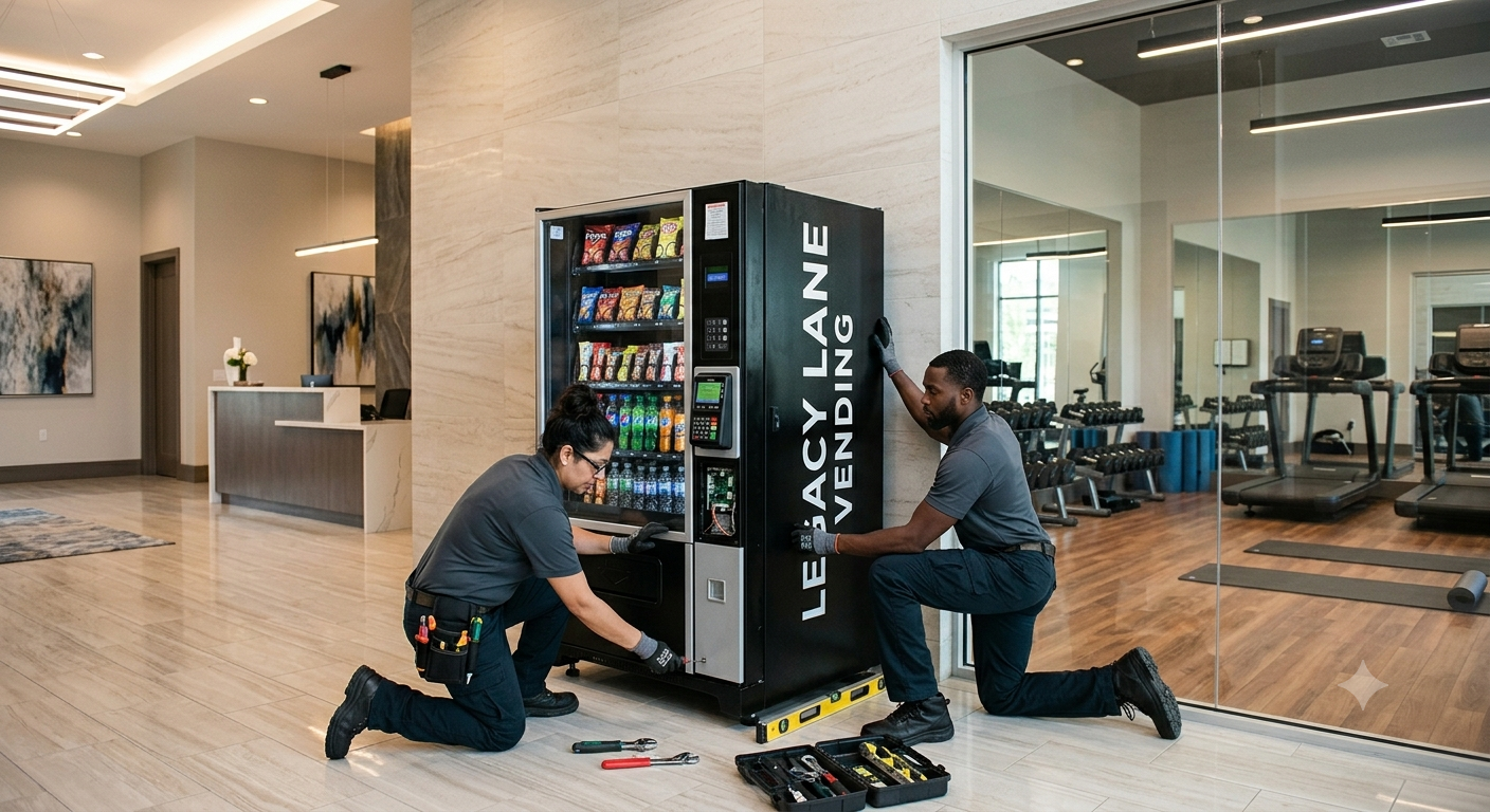 Legacy Lane Vending technicians installing a vending machine in a building lobby