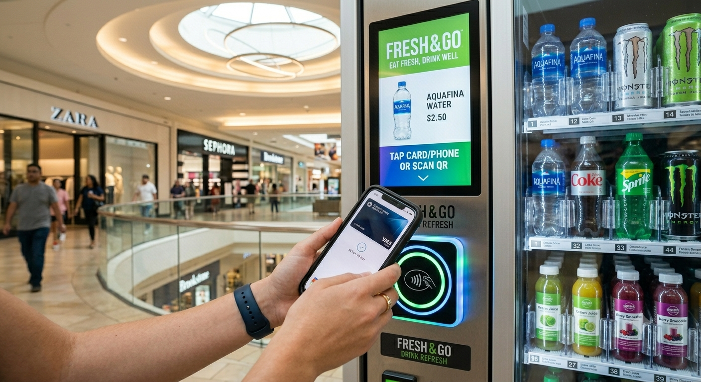 Person using tap-to-pay on a vending machine in a shopping mall
