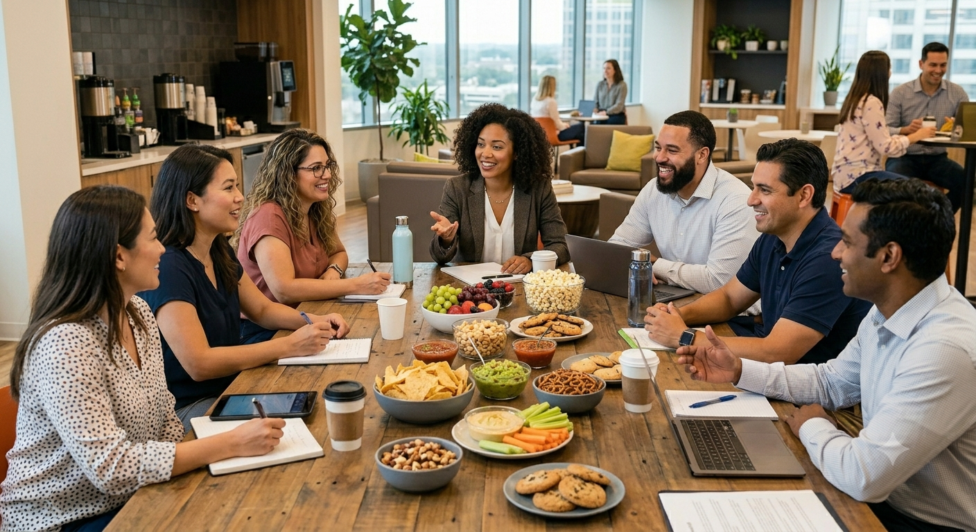 Office team gathered around a table with vending snacks during a meeting