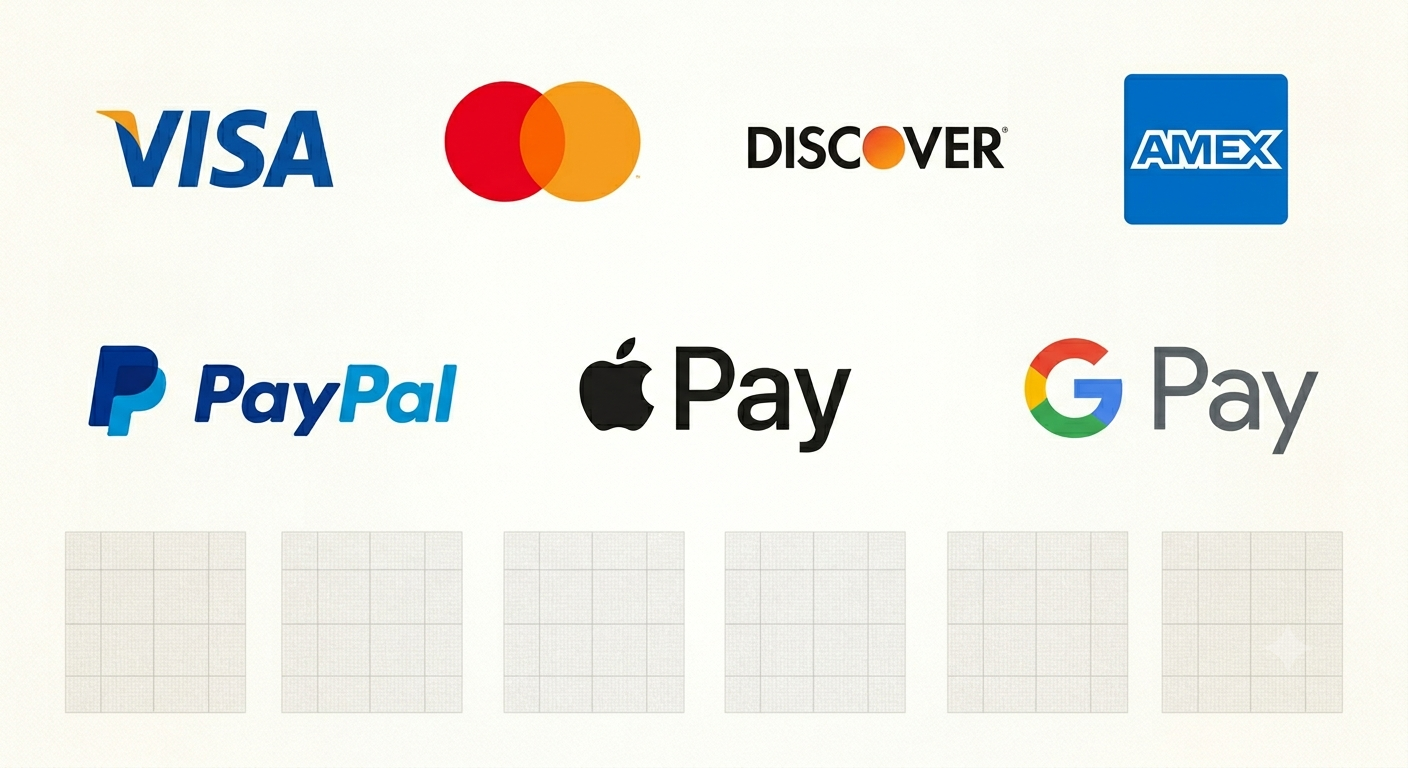 Accepted payment methods: Visa, Mastercard, Discover, Amex, PayPal, Apple Pay, Google Pay