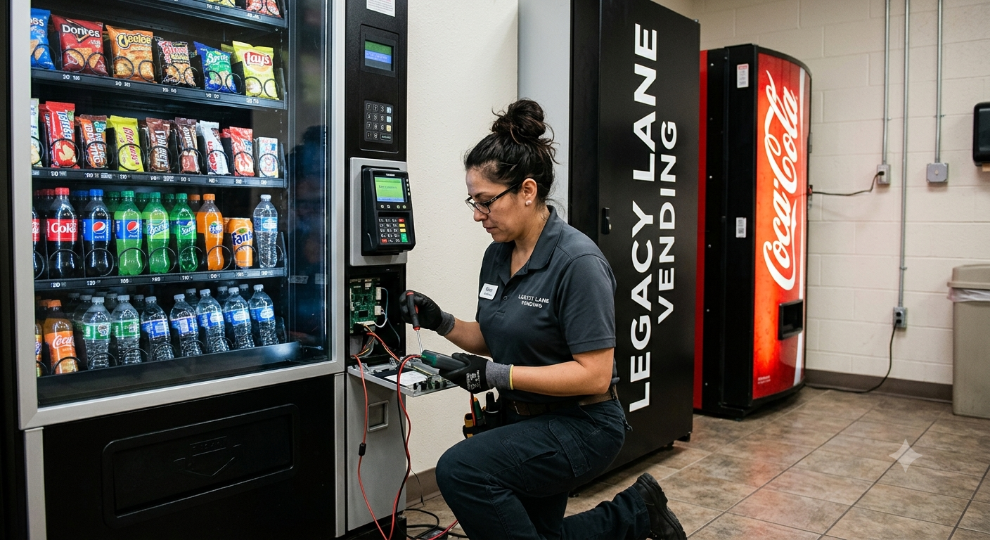 Legacy Lane Vending technician servicing the inside of a vending machine