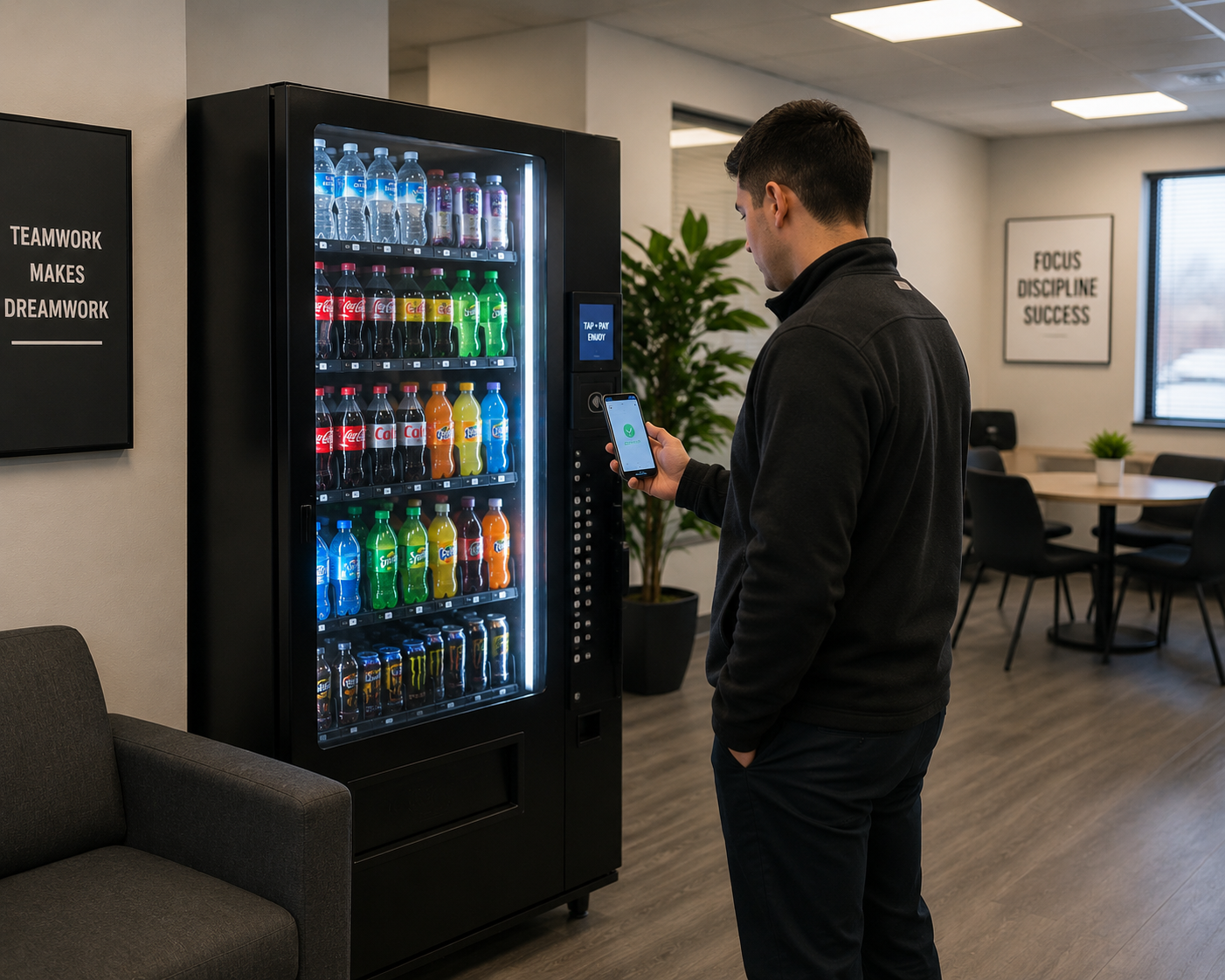 Office employee using tap-to-pay on a vending machine