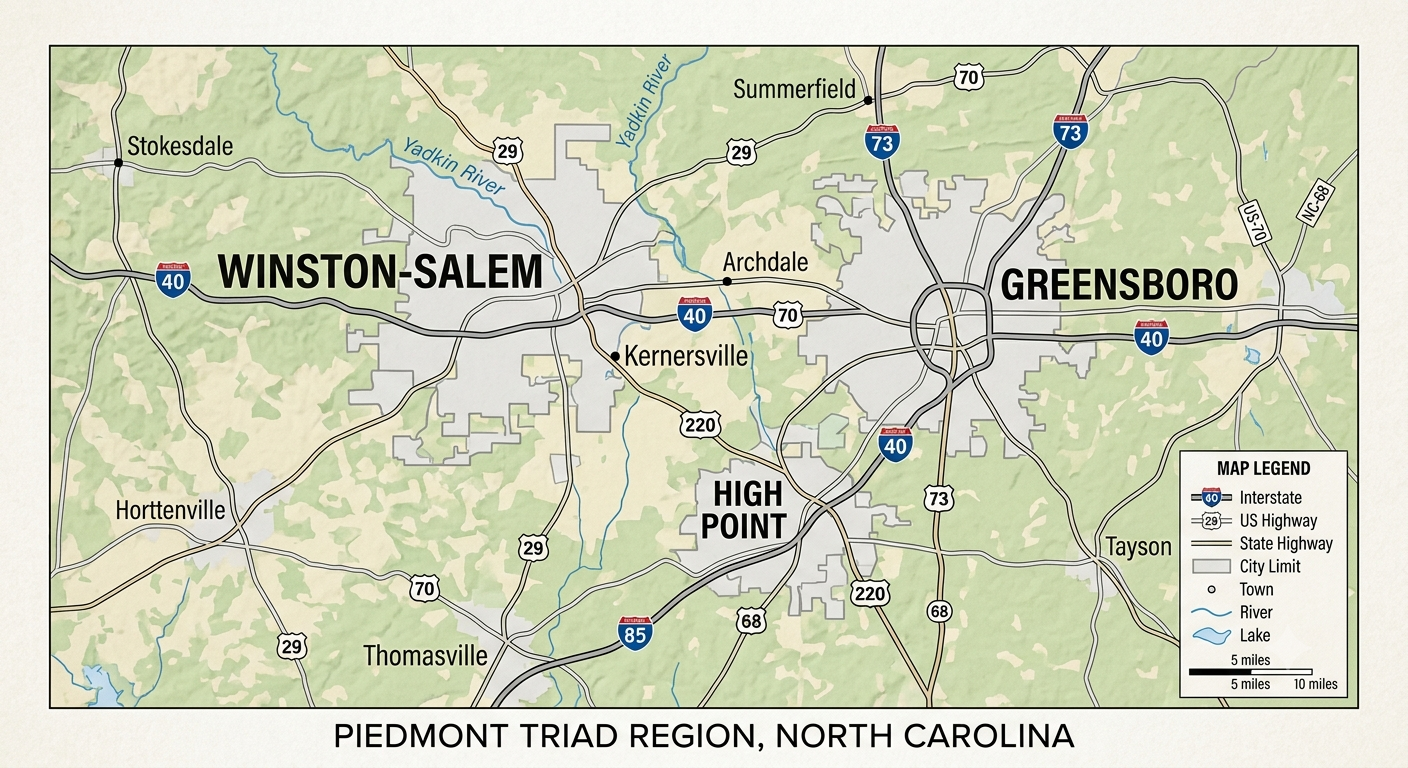 Map of the Piedmont Triad region showing Greensboro, Winston-Salem, and High Point
